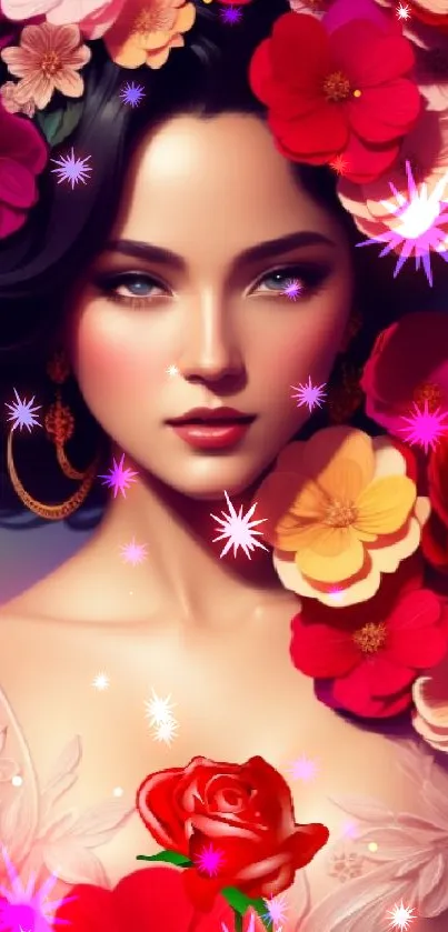 Artistic wallpaper featuring a woman with colorful flowers.