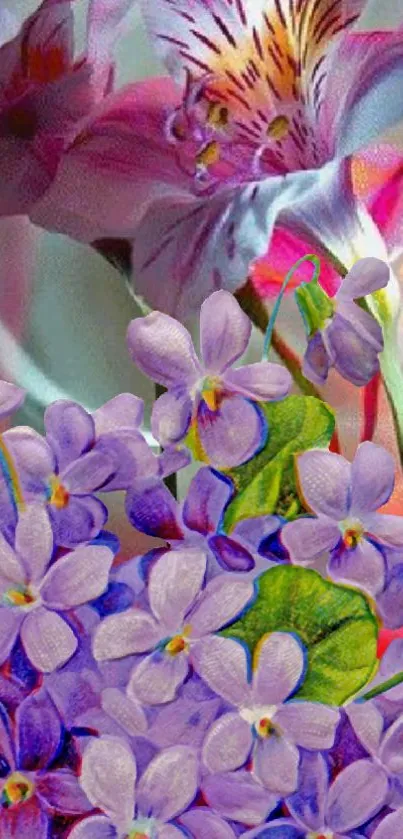 Colorful floral wallpaper with purple flowers and abstract background art.