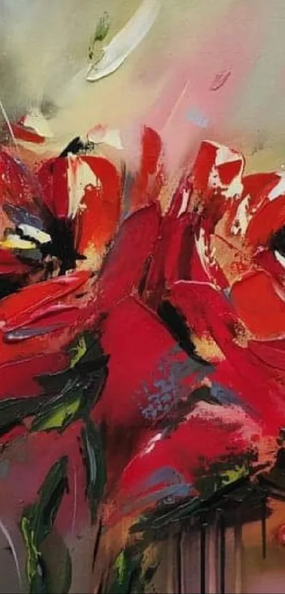 Vibrant floral painting with bold red flowers and dynamic brushstrokes.