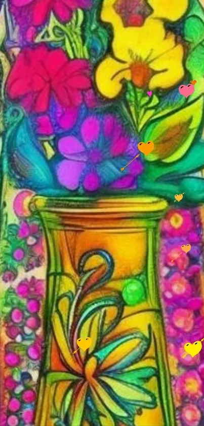 Vibrant and colorful floral art illustration with abstract flowers.
