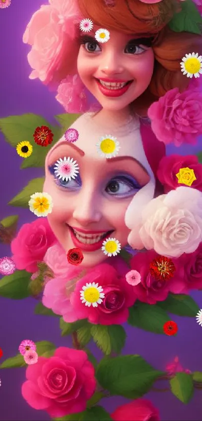 Colorful animated faces with roses on a purple background.