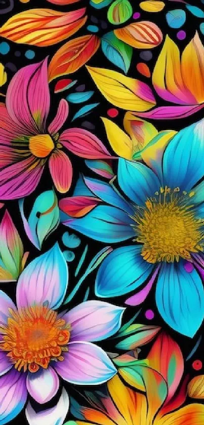 Vibrant floral wallpaper with colorful flowers on a black background.