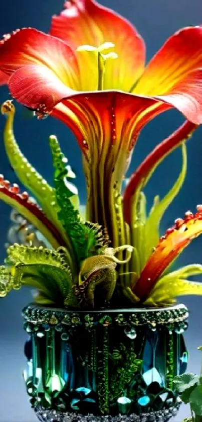 Vibrant floral art with colorful flowers in a decorative vase.