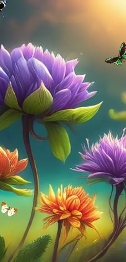 Vivid mobile wallpaper with colorful flowers and butterflies in a fantasy garden.