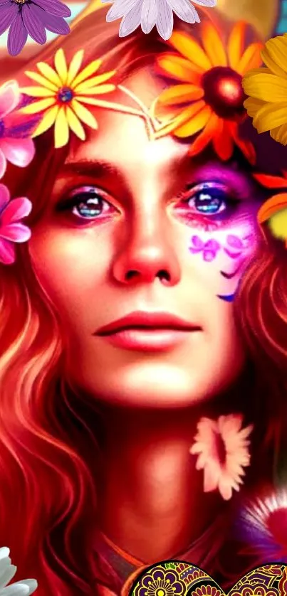 Vibrant artwork featuring woman with colorful flowers.