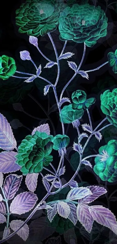 Vibrant floral wallpaper with green and purple flowers on a dark backdrop.