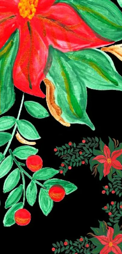 Vibrant floral wallpaper with red flowers and green leaves on black background.