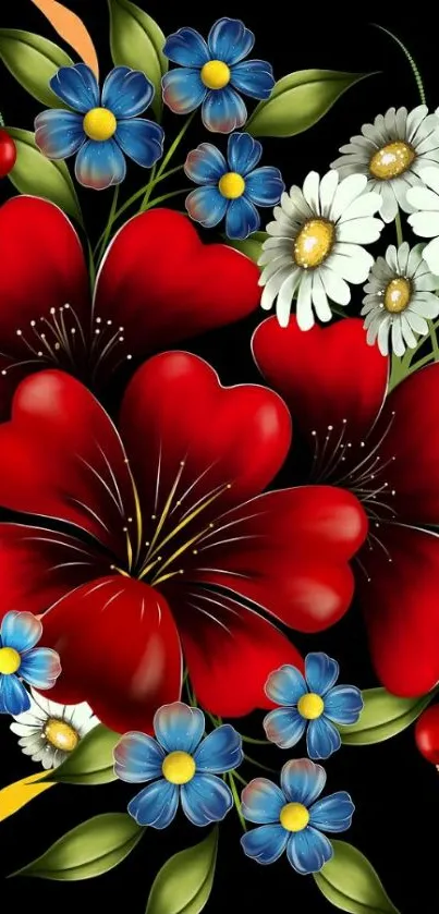 Vibrant floral wallpaper with bold red and blue flowers on a black background.