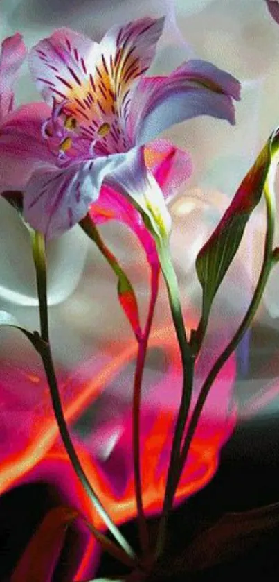 Vibrant pink floral art with abstract background.