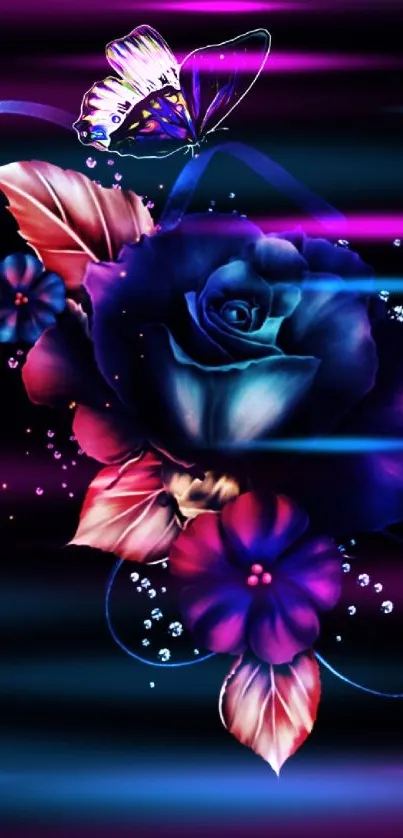 Vibrant blue rose and butterfly on black background wallpaper.