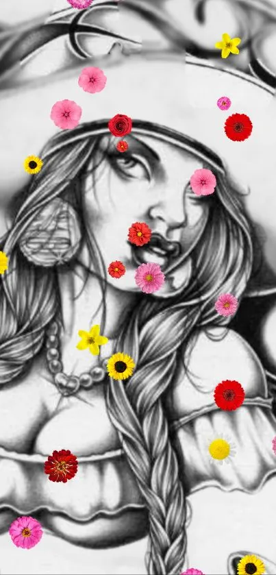 Grayscale artwork with vibrant colorful flowers.