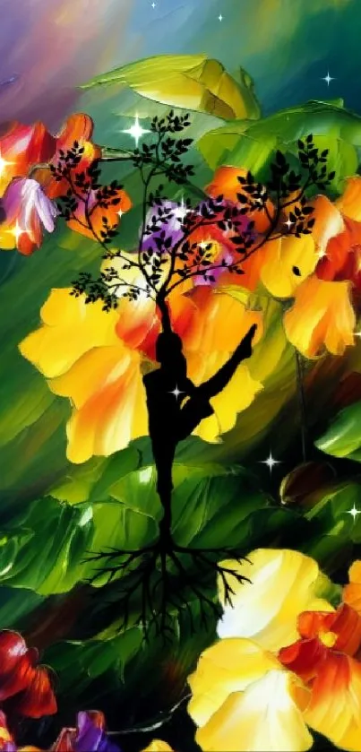 Vibrant floral wallpaper with a woman-tree silhouette.