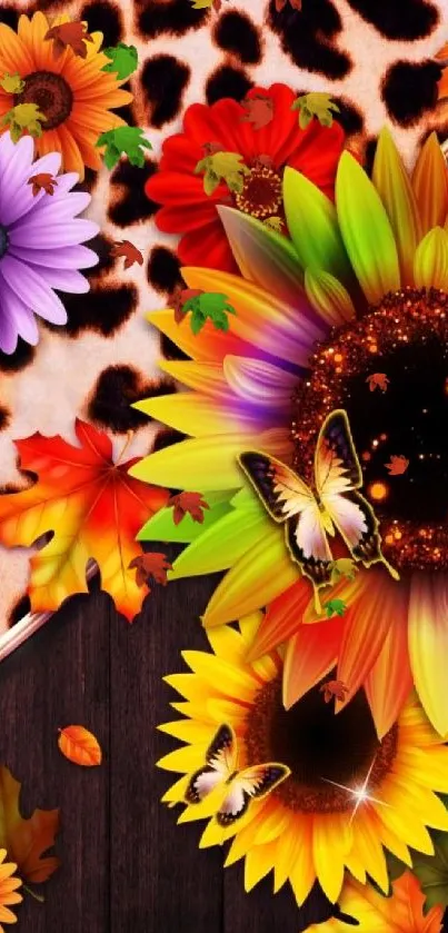 Vibrant floral wallpaper with butterflies and colorful patterns.