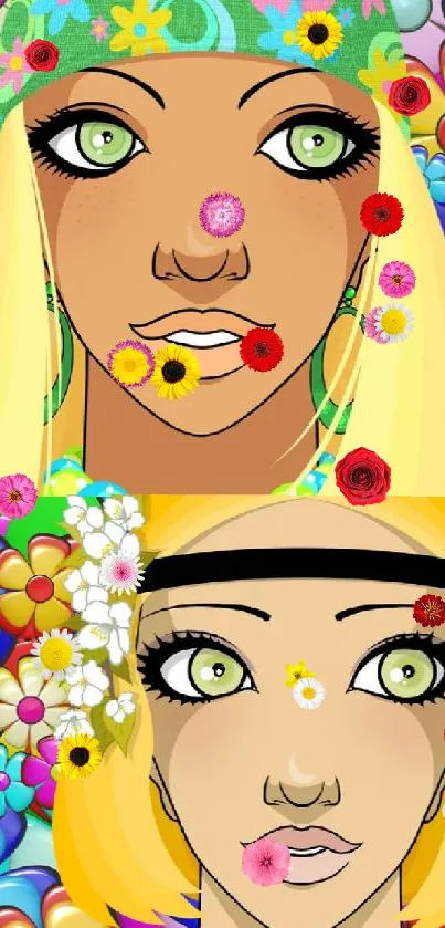Vibrant floral wallpaper with anime characters and colorful blossoms.