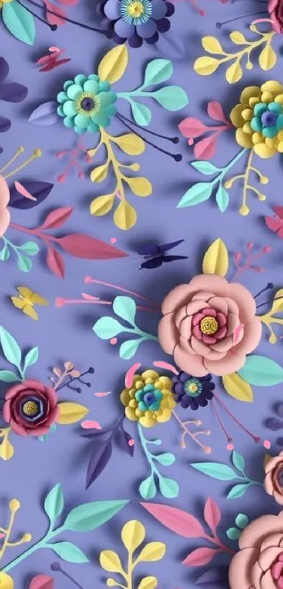 Vibrant floral art wallpaper with colorful flowers and purple background.