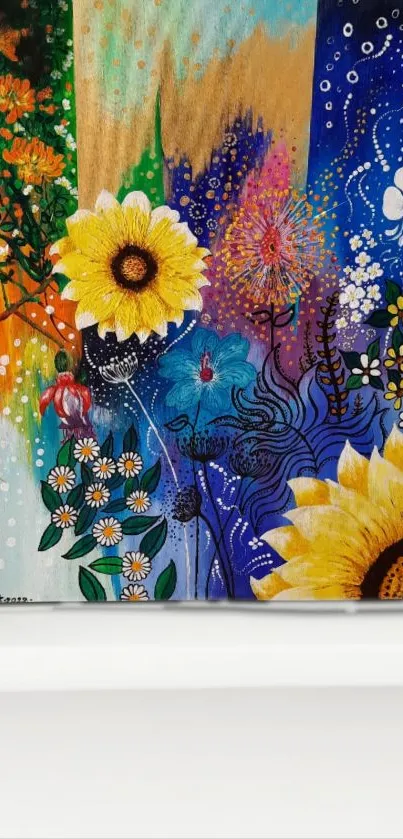 Vibrant floral art wallpaper with colorful sunflowers and nature design.