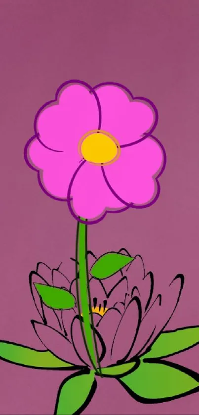 Pink flower art on purple background wallpaper.