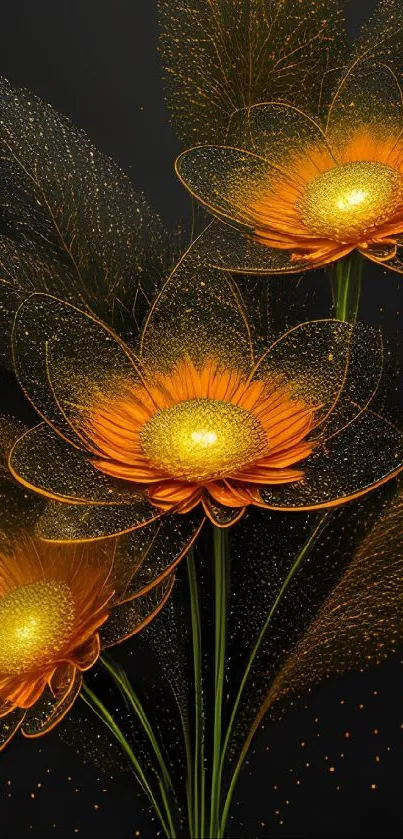 Elegant orange flowers with glittery details on a dark background.