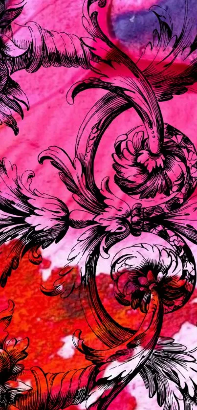 Vibrant floral art wallpaper in pink with intricate designs.