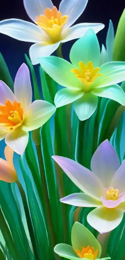 Vibrant floral wallpaper with colorful blooms and green stems.