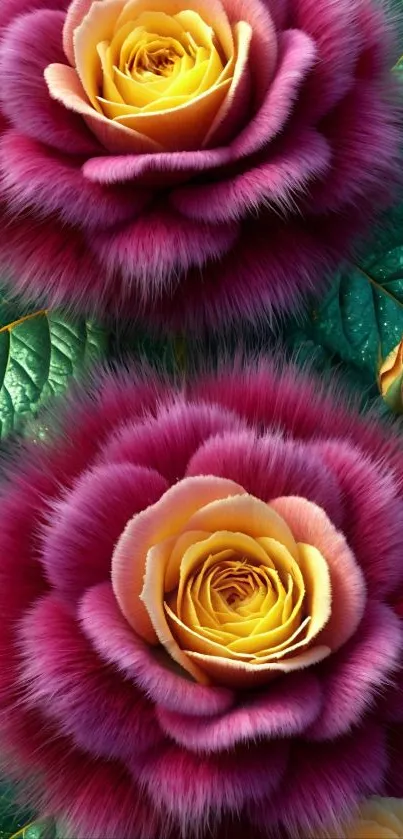 Vibrant pink and yellow roses with green leaves, artistic texture.