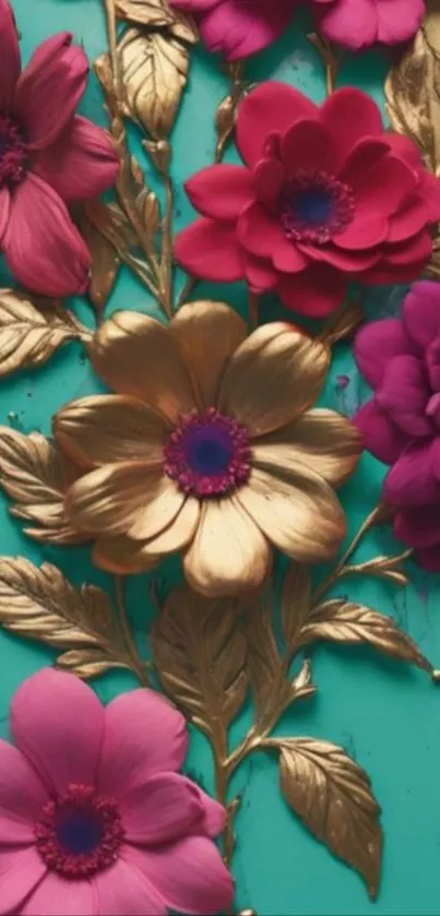 Colorful floral art with pink and gold on turquoise background