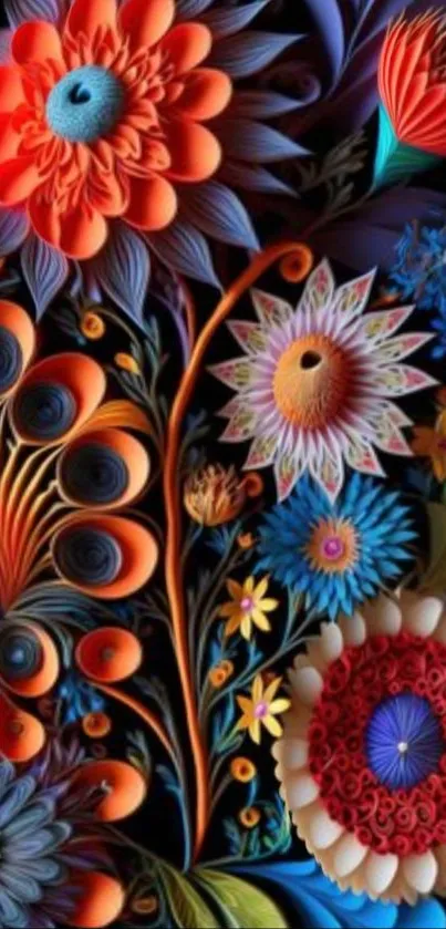 Vibrant floral paper art wallpaper with colorful blossoms.
