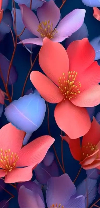 Vibrant red and purple floral art wallpaper on a blue background.