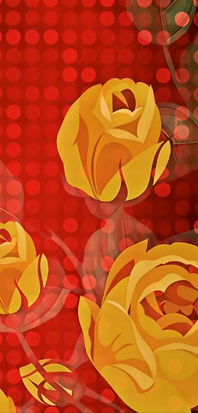 Vibrant yellow rose design on red background with artistic elements.