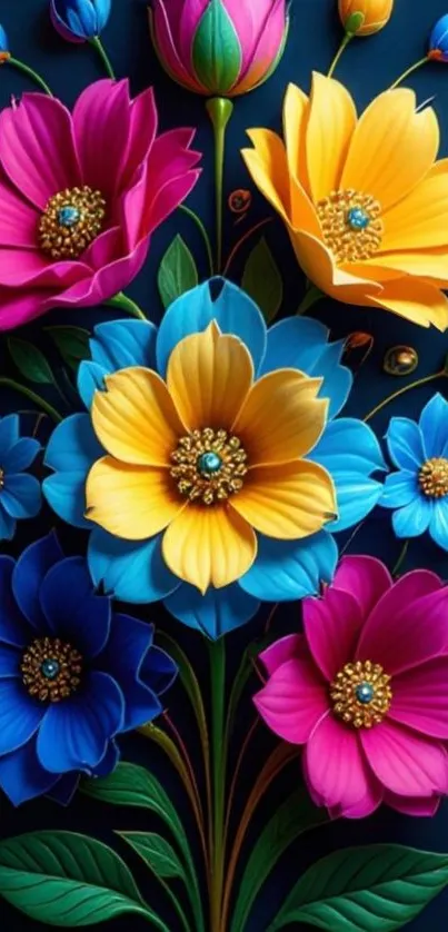 Vibrant blue and yellow flowers digital art wallpaper.