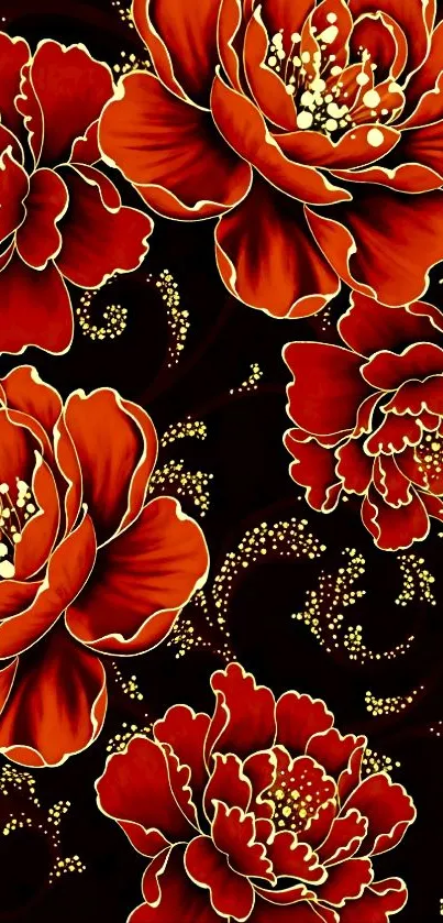Vibrant red flowers on black background wallpaper.