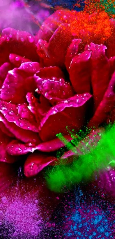 Vibrant pink rose with artistic colorful splashes - mobile wallpaper.