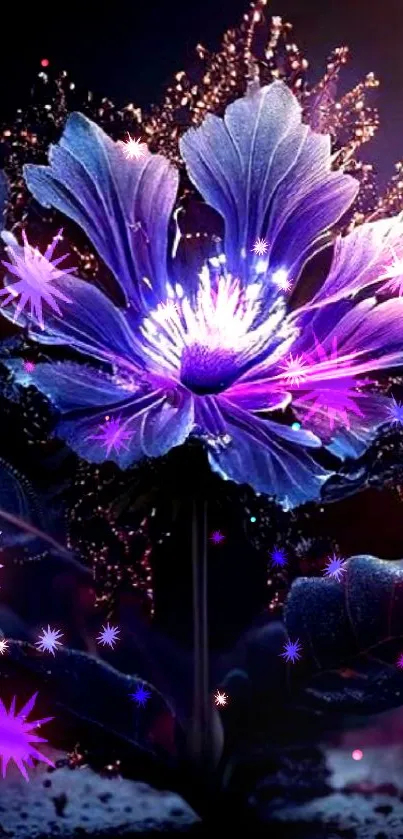 Luminous purple flower with artistic petals on a dark background.