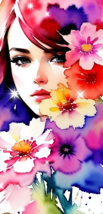 Vibrant watercolor floral art with a woman's portrait in pink hues.