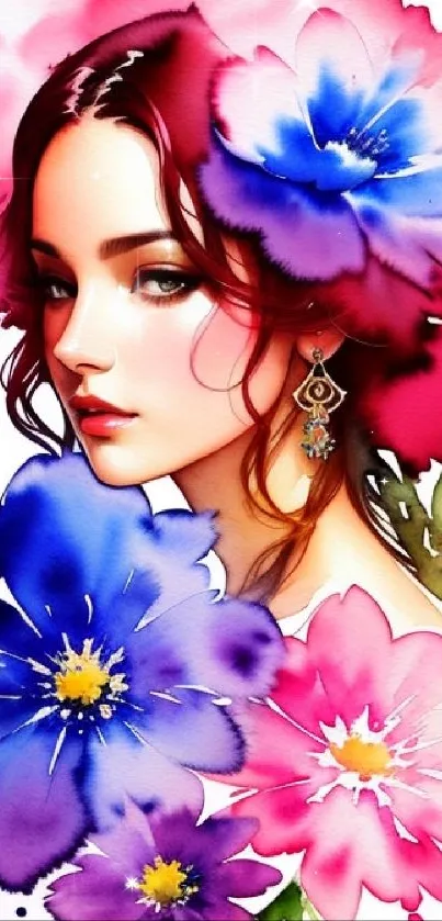 Colorful floral wallpaper with artistic portrait in watercolor.