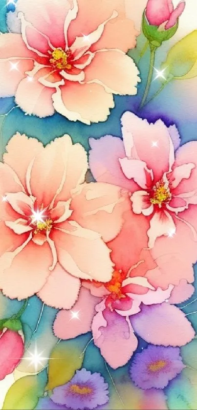 Vibrant floral watercolor wallpaper with soft pastel colors.