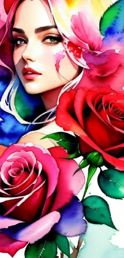 Vibrant watercolor art with roses and a woman's portrait.