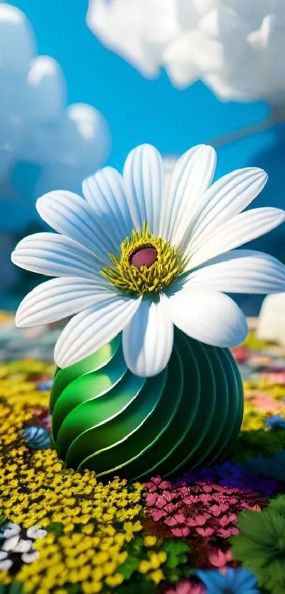 Vibrant floral art wallpaper with a white daisy on a colorful background.