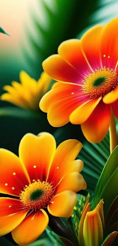 Vibrant orange and yellow flowers on a green background.