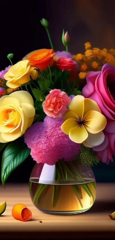 Vibrant floral arrangement in a glass vase on a wooden table.