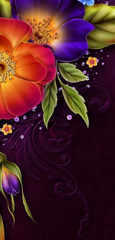 Vibrant floral wallpaper with rich colors and artistic design.