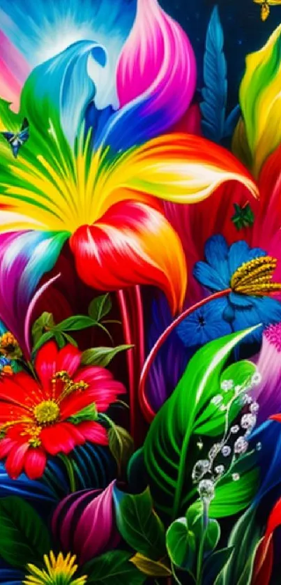 Vibrant multicolor floral art wallpaper with striking flower patterns.