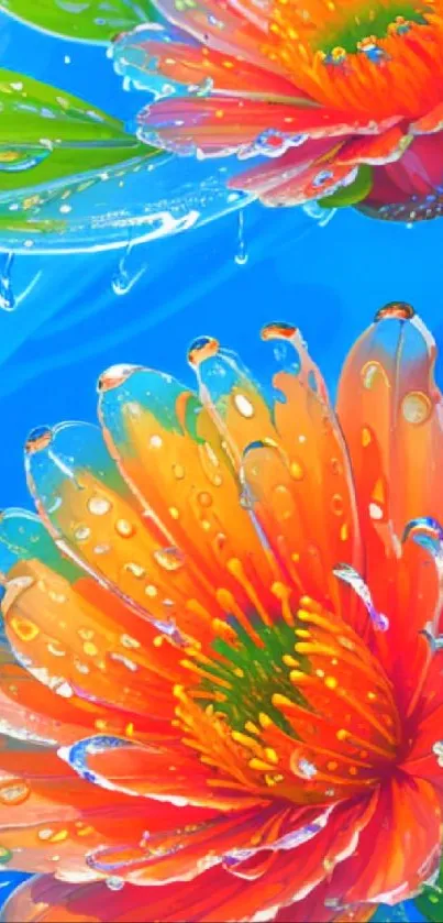 Vibrant orange flowers with dewdrops on a blue background, creating a vivid mobile wallpaper.