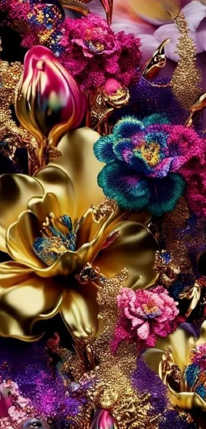 Vibrant floral art wallpaper with bold, luxurious golden flowers.