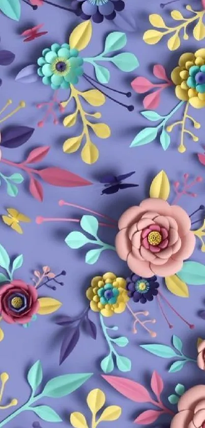 Vibrant 3D floral wallpaper with colorful flowers on a lavender background.