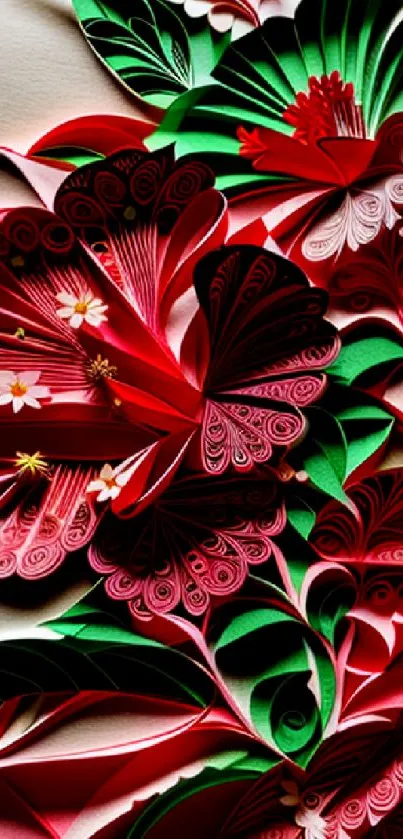 Intricate floral paper design with vibrant red and green hues.