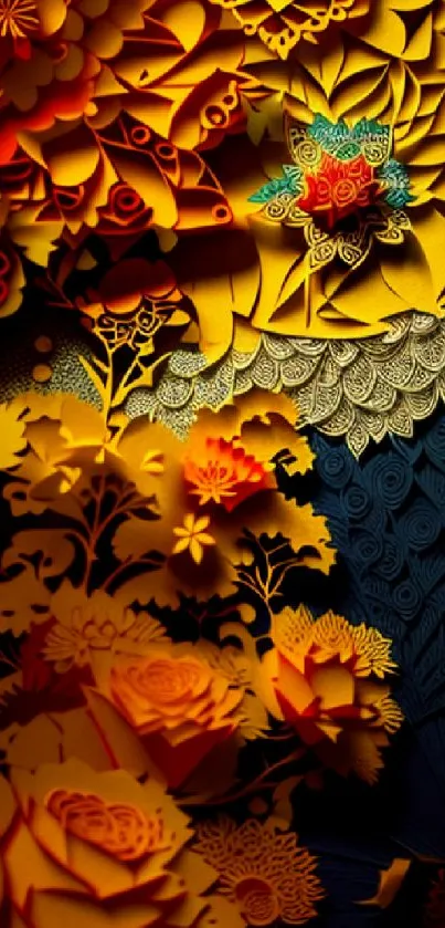 Intricate floral art wallpaper with vibrant orange and blue hues.