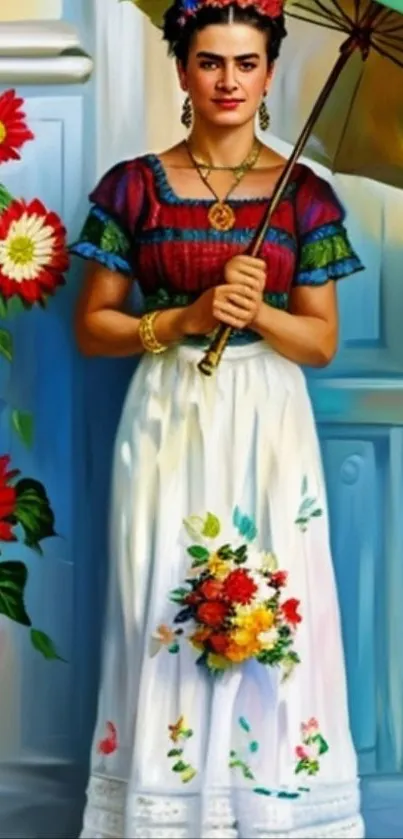 Artistic portrait with vibrant floral and umbrella accents.