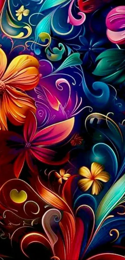 Vibrant and colorful floral wallpaper design.