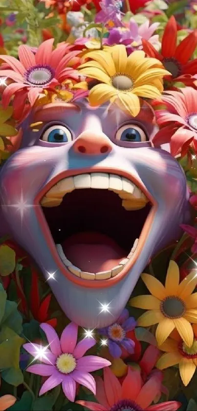 A vibrant, whimsical face surrounded by colorful flowers.